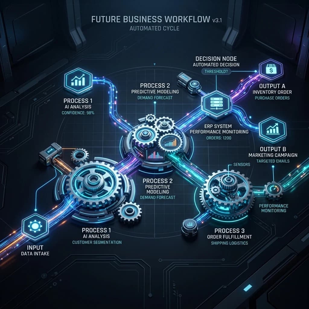 AI Workflow Automation diagram displaying connected enterprise business logic and automated processing steps