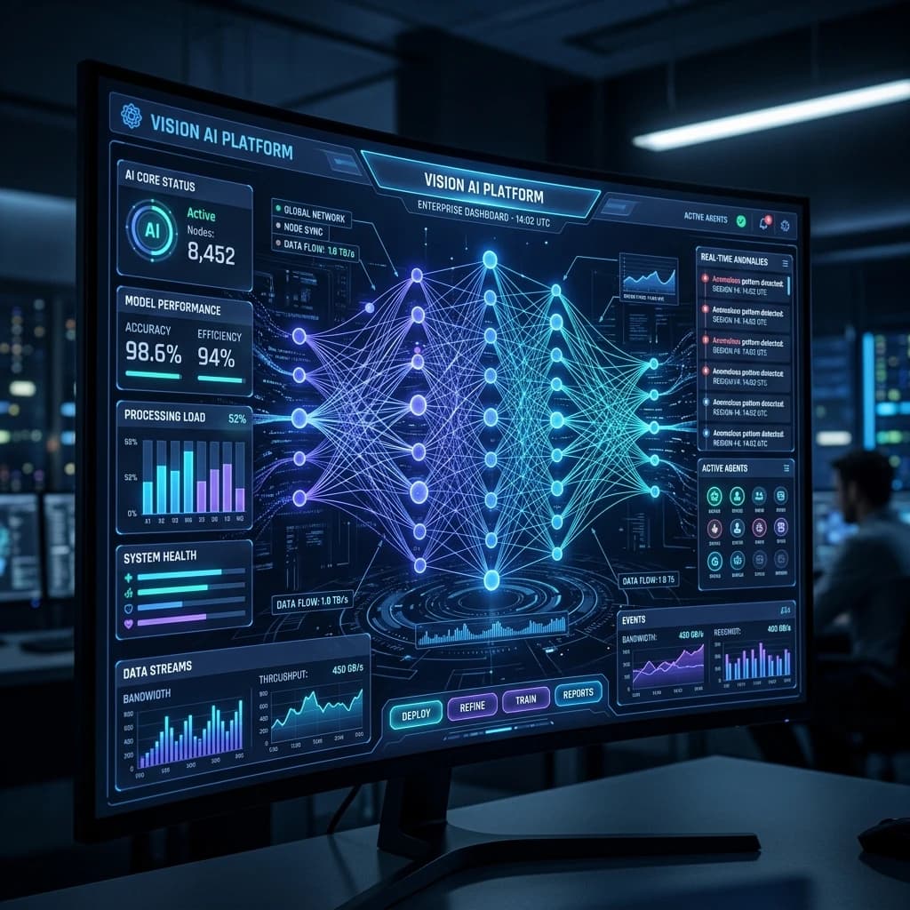 Custom AI Software Development interface visualization showing AI model workflows and neural network nodes