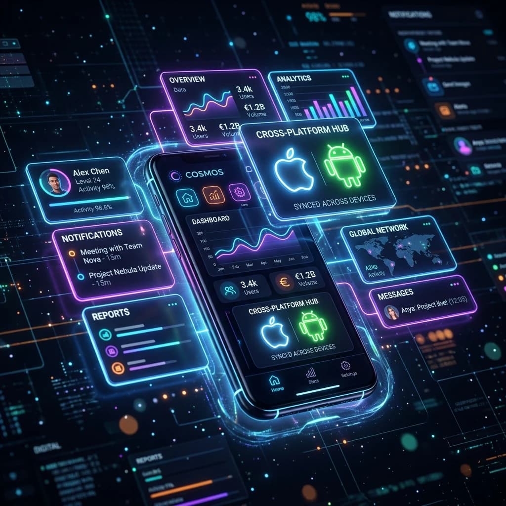 Mobile App Development mockups showing native iOS and Android application features and mobile user interfaces