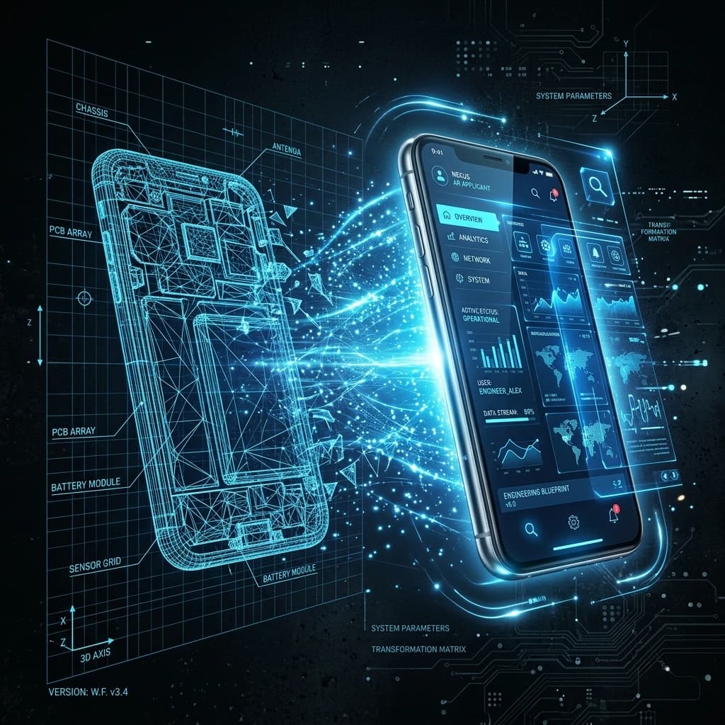 Digital Product Engineering blueprint visualizing end-to-end software architecture, UX design, and cloud scaling